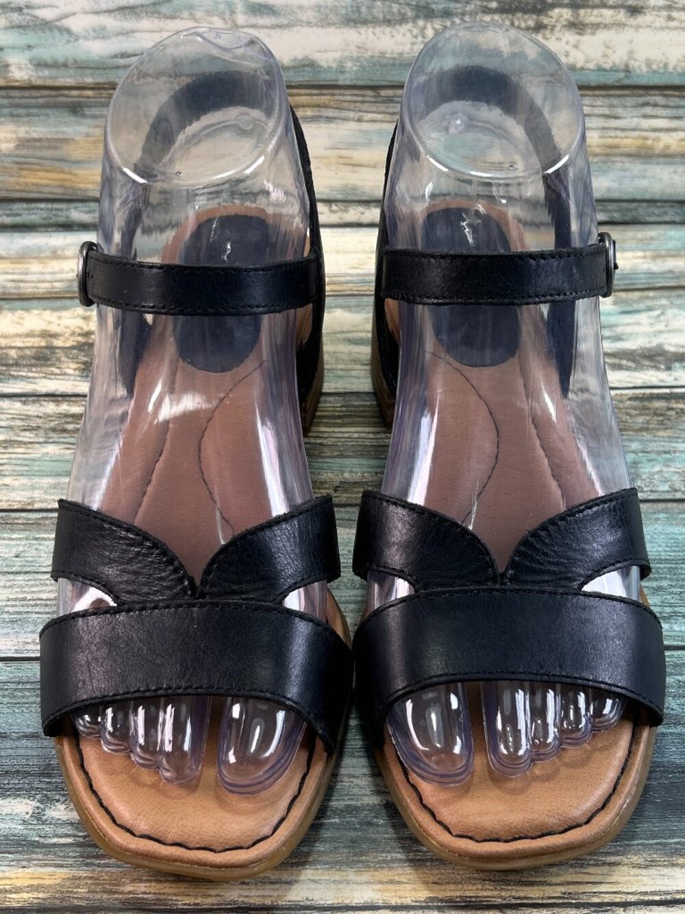 BORN Sandal Womens 6 Block Heel Open Toe Buckle Strap Casual Dress Black Leather